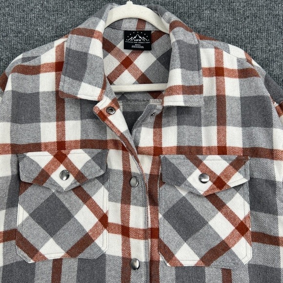 HFX Womens S Shacket Shirt Jacket Gray Rust Plaid Snap Front Pockets Oversize - Picture 2 of 13